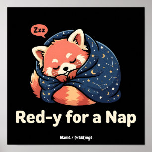 Póster Rojo Listo Para Una Siesta Panda Rojo Dormilón Kaw