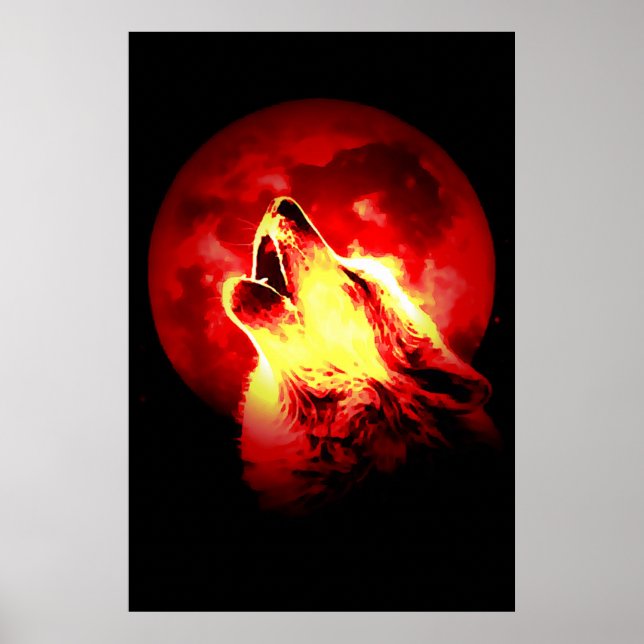 Póster Rojo negro Motivacional Lobo Aúlles de luna de mie (Frente)