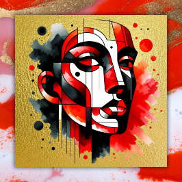 Póster Rojo, negro y blanco Abstract Face en oro |