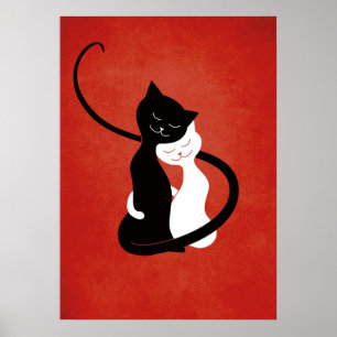 Póster Rojo que abraza gatos del amor