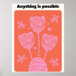 Póster Rojo Rosa Ilustrado Floral Estético Cita Muro A