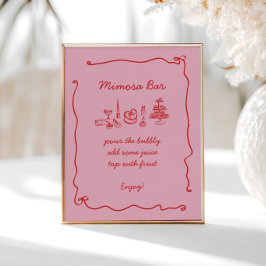 Póster Rojo rosa manuscrito ducha de novia Mimosa Bar
