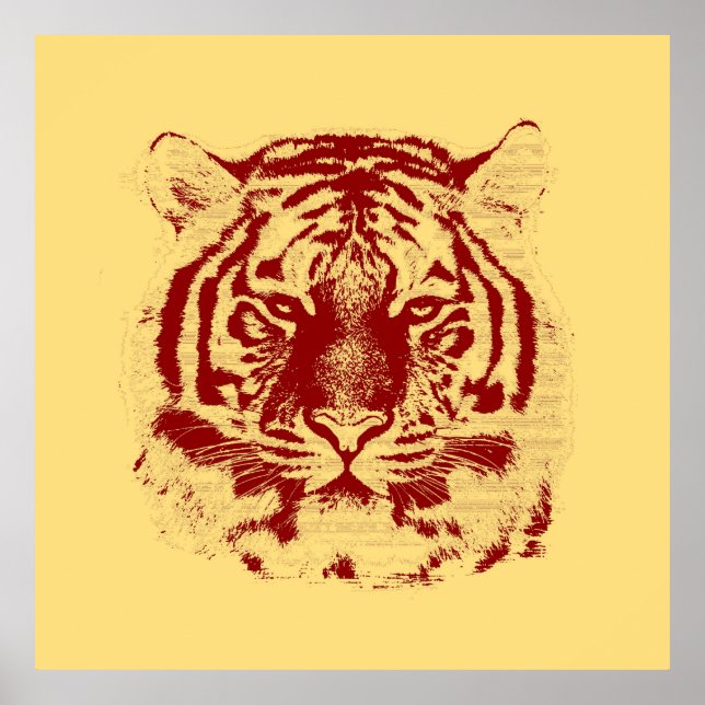 Póster Rojo y amarillo de la cara del tigre (Frente)