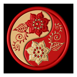 Póster Rojo y Dorado Floral Yin Yang