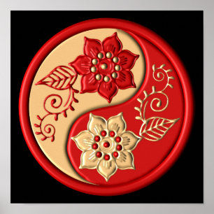 Póster Rojo y Dorado Floral Yin Yang
