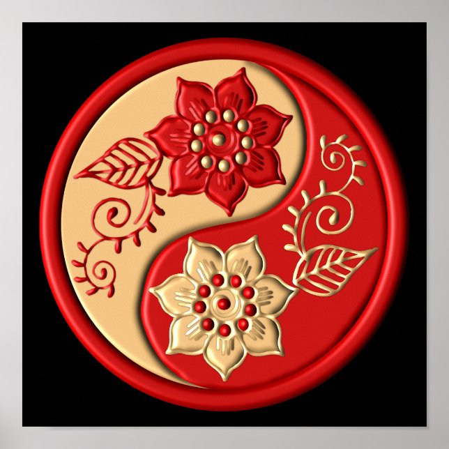 Póster Rojo y Dorado Floral Yin Yang (Frente)