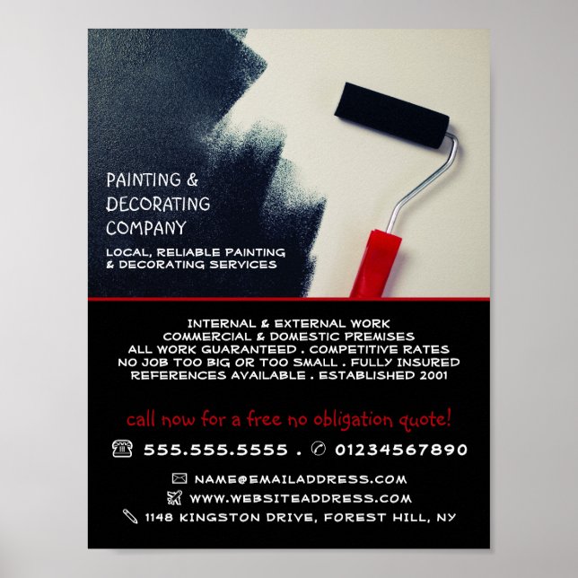 Póster Roller de pintura roja, publicidad de pintador y d (Frente)