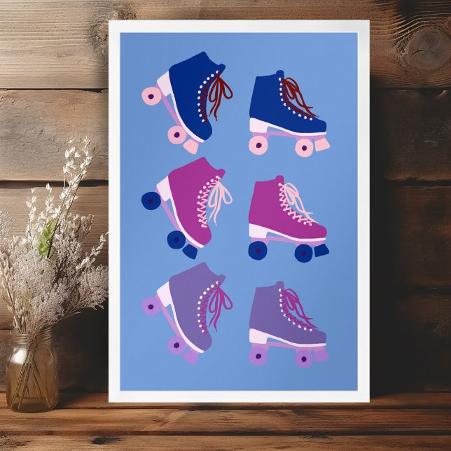 Póster Rollerskates Retro Púrpura (Retro Rollerskates Purple Pink Poster Wall Art Cute Kids Nursery Playroom )