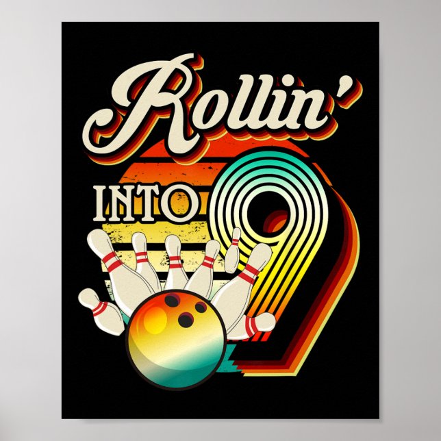 Póster Rollin en boliche 9 años Cumpleaños Retro 9 (Frente)