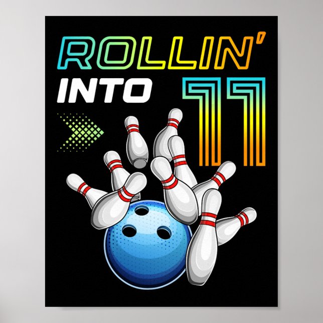 Póster Rollin Into 11 Retro Bowling Birthday Party 11th B (Frente)