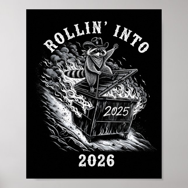 Póster Rollin' Into 2026 Funny Cowboy Raccoon Happy New Y (Frente)
