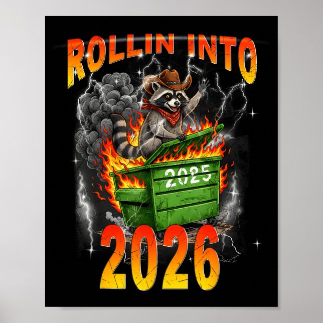 Póster Rollin Into 2026 New Year 2026 Raccoon Cowboy Vint (Frente)