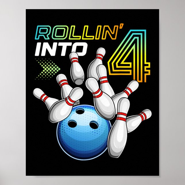 Póster Rollin Into 4 Retro Bowling Birthday Party 4th Bir (Frente)
