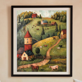 Póster Rolling Hill Farm House Folk Art Oil Painting Post