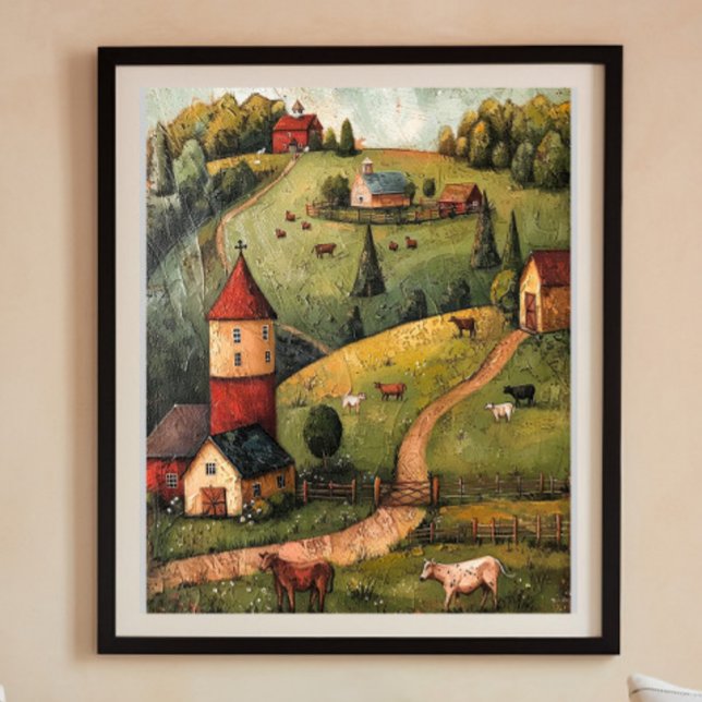 Póster Rolling Hill Farm House Folk Art Oil Painting Post (Subido por el creador)