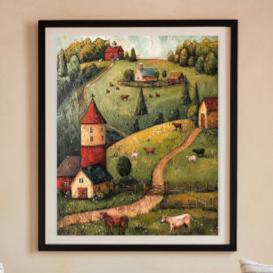 Póster Rolling Hill Farm House Folk Art Oil Pintura