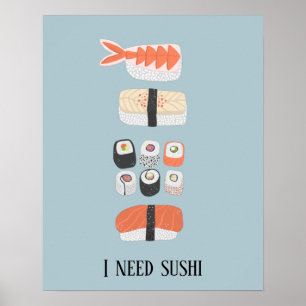 Póster Rollo de Maki Nigiri de Sushi Japonés con Texto Pe