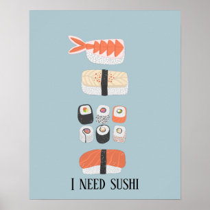 Póster Rollo de Maki Nigiri de Sushi Japonés con Texto Pe
