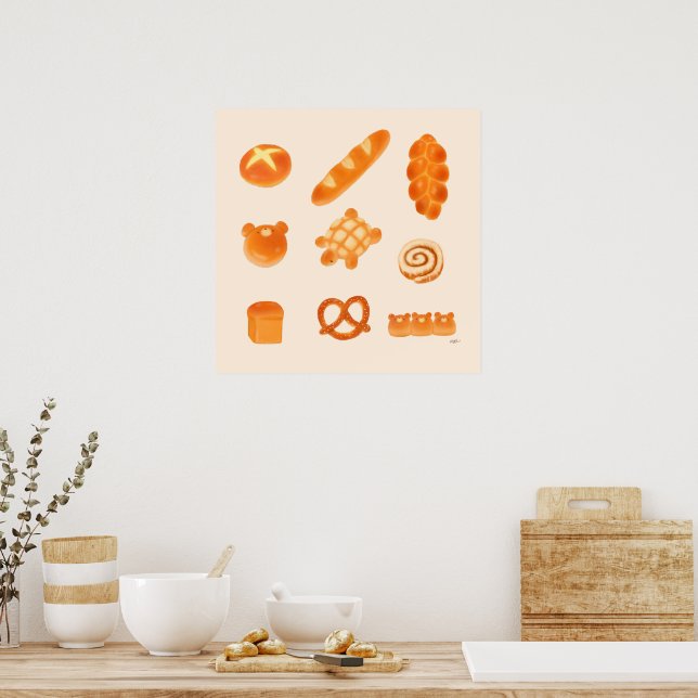 Póster Rollos de pan dulce y fluido y panadería de animal (Cocina)