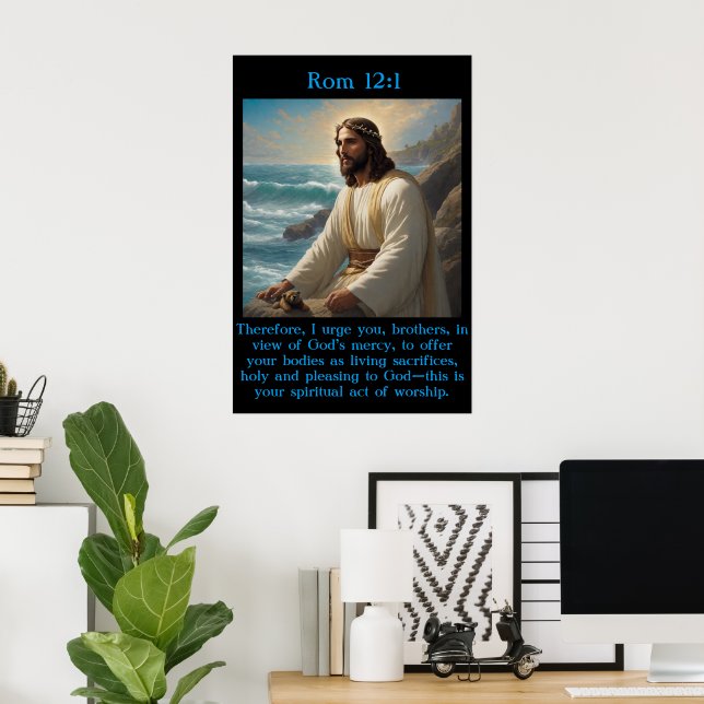 Póster Rom 12:1 Jesús cerca del tranquilo océano (Oficina en casa)