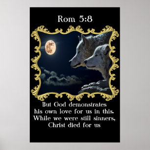 Póster Rom 5:8 Lobos mirando a la luna llena.
