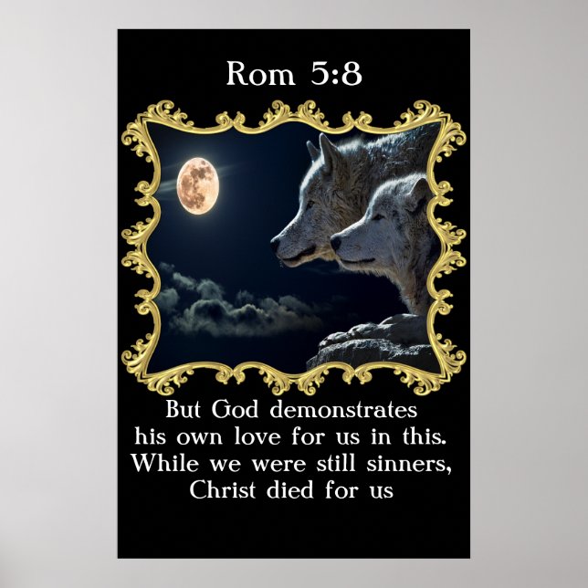 Póster Rom 5:8 Lobos mirando a la luna llena. (Frente)