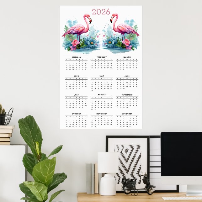 Póster Romance Tropical: Calendario de pared de flamencos (Oficina en casa)
