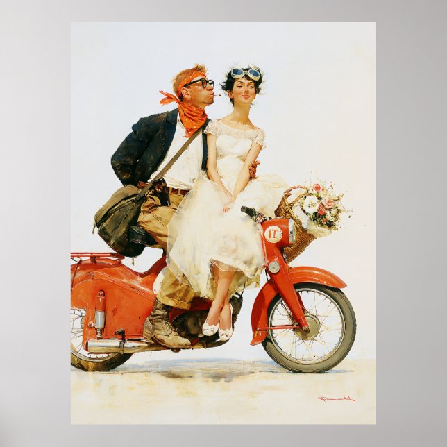 Póster Romance Vintage en un Scooter Rojo (Frente)