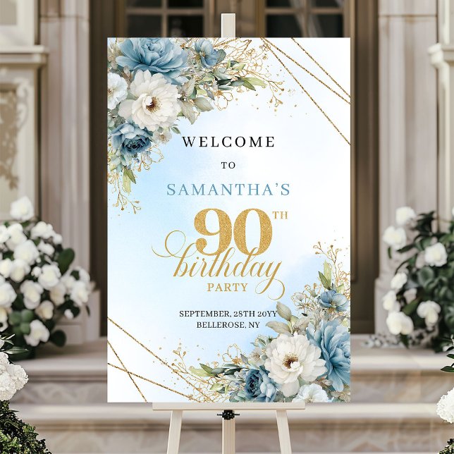 Póster Romantic boho blue florals gold frame 90 birthday (Romantic boho blue florals gold frame 90th birthday

)