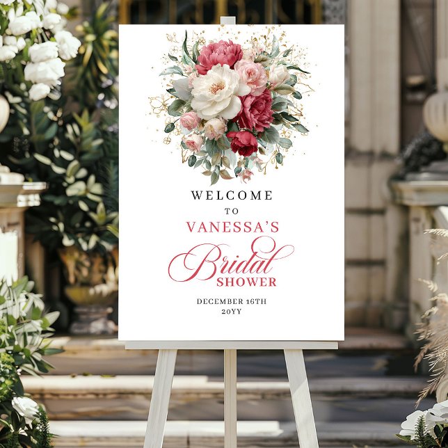 Póster Romantic Burgundy Blush Greenery Welcome Sign (Romantic Burgundy Blush Greenery Welcome Sign)