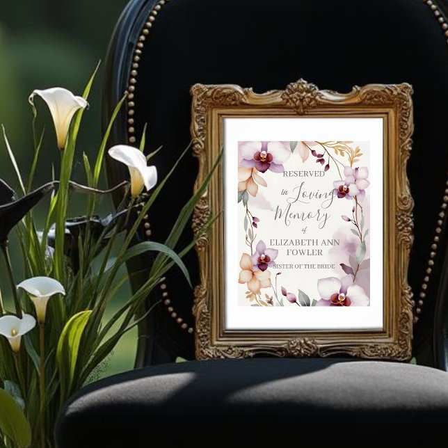 Póster Romantic Delicate Floral Orchids Reserved Seat (Romantic Delicate Floral Pastel Orchids In Loving Memory Reserved Seat Poster in Light Purple Tones )