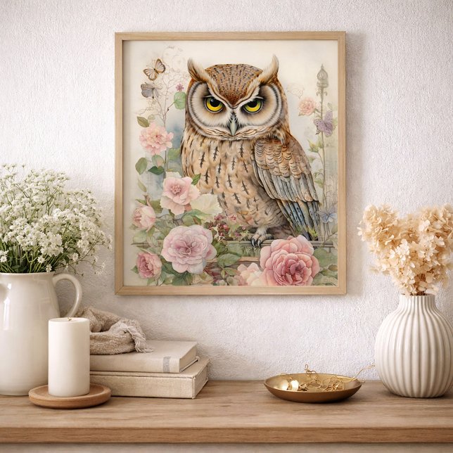 Póster Romantic Floral Owl Watercolor Wildlife Nature (Vintage cottage/farmhouse art - owl and pink floral)