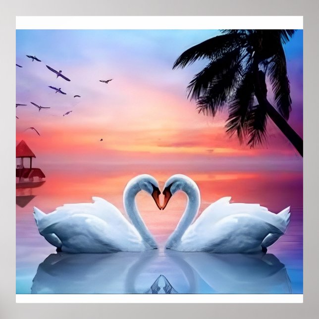 Póster Romantic Heart Swans Tropical Sunset Paradise (Frente)