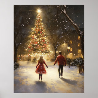 Póster Romantic Ice Skating Couple Christmas Wall Art