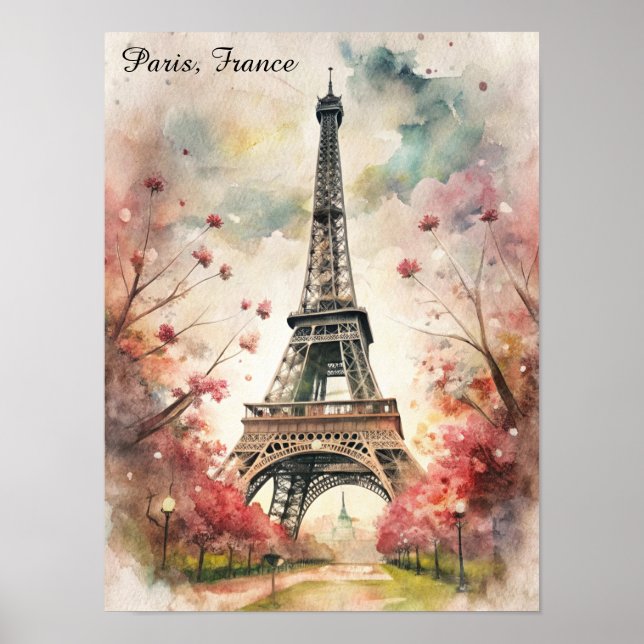 Póster Romantic Paris Eiffel Tower Watercolor Floral (Frente)