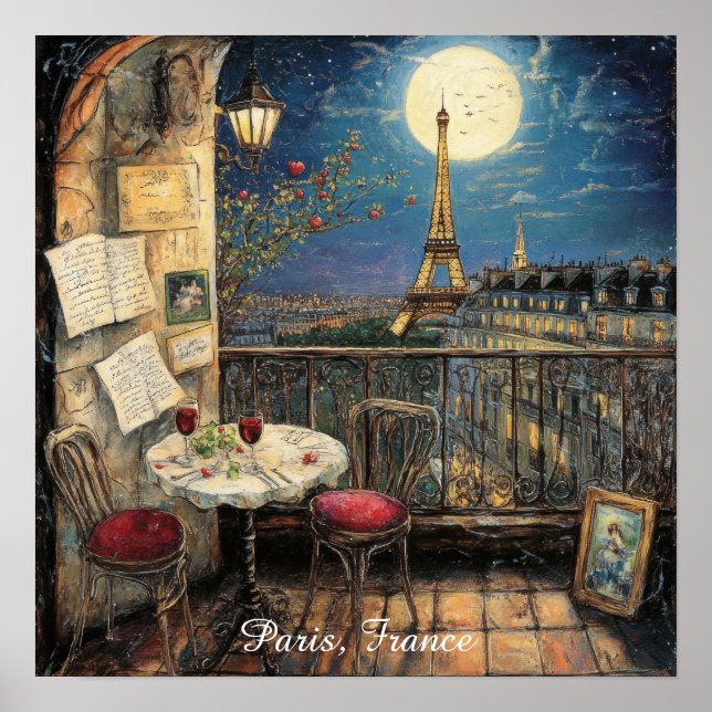 Póster Romantic Paris France Eiffel Tower Illustration (Frente)