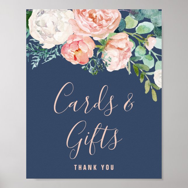 Póster Romantic Peony Flowers | Blue Cards & Gifts Sign (Frente)