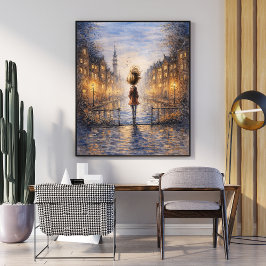 Póster Romantic Rainy City Watercolor Poster