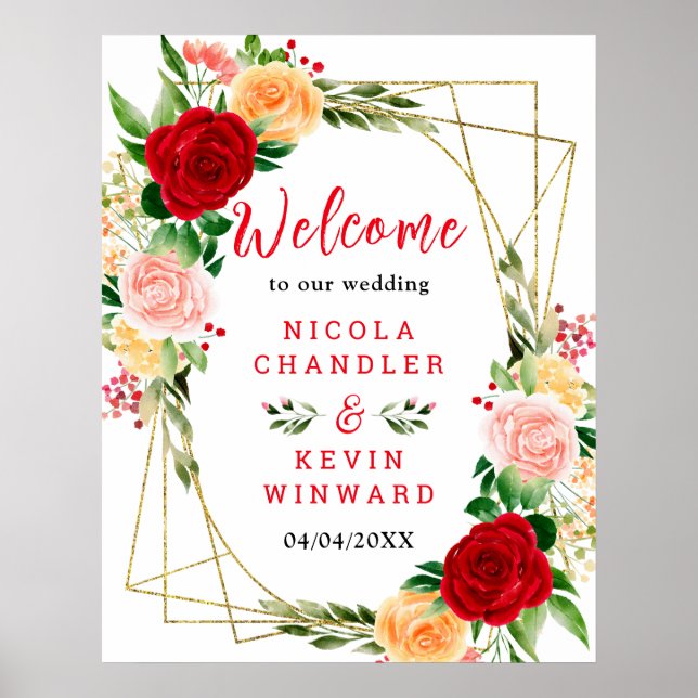 Póster Romantic Red and Orange Roses Wedding Welcome Sign (Frente)
