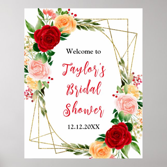 Póster Romantic Roses Floral Bridal Shower Welcome Sign (Frente)