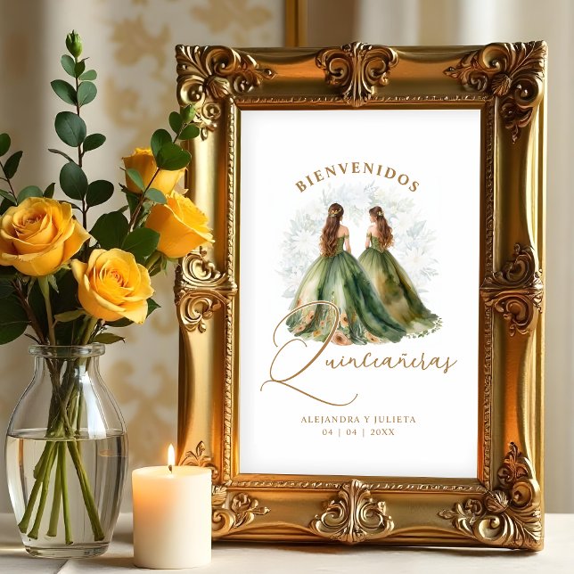 Póster Romantic Spanish Quinceañeras Twins Dolls in Green (Romantic Spanish Quinceañeras Twins Dolls in Green and Brown Shades Posters.)