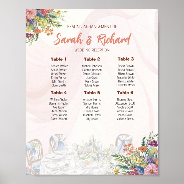 Póster Romantic Wildflower Wedding Seating Chart (Frente)