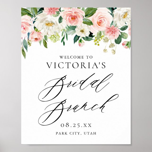 Póster Romántica acuarela Peach Florals Bridal Brunch (Frente)