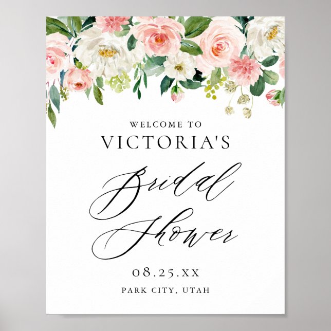 Póster Romántica acuarela Peach Florals Bridal Shower (Frente)