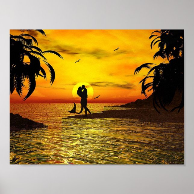 Póster Romántica pareja de sirvientas Sunset Palm Trees O (Frente)