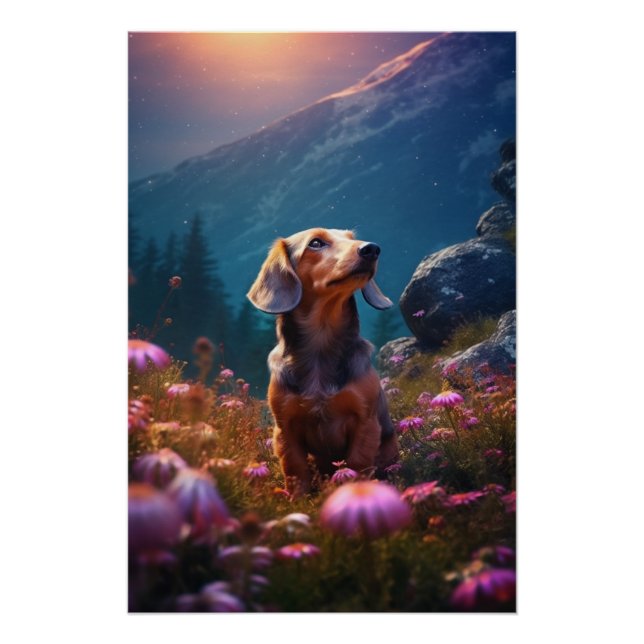Póster Romanticismo Dachshund Explorando un prado (Anverso)