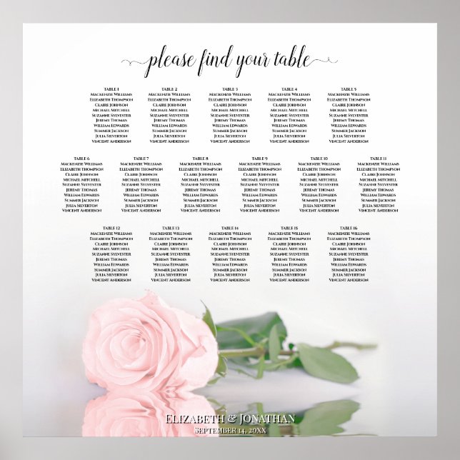 Póster Romántico 16 Tabla de asientos Boda rosa de mesa (Frente)