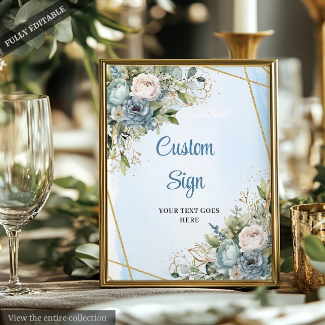 Póster Romántico Boda de marco dorado con flores azules a (Romantic Dusty Blue Floral Gold Frame Wedding Sign)