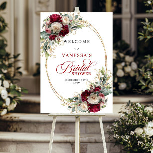Póster Romántico Burgundy Blanco Floral Dorado Bridal Sho