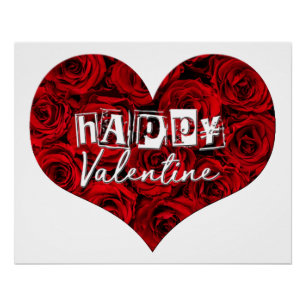 Póster Romántico Corazón Rojo Roses Floral Feliz Valentín